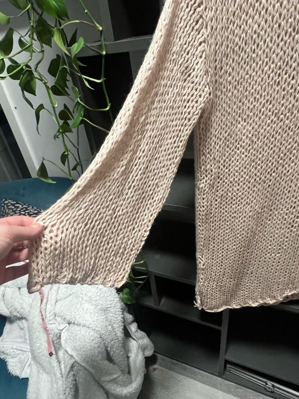 ☀️ Asymmetrical Open Knit V-Neck Sweater - Beige - Picture 4 of 5